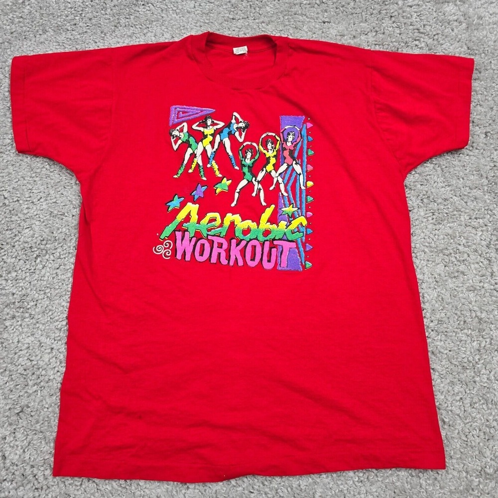 Vtg Aerobic Workout Shirt Adult XL Red Puff Graphic Single Stitch Bloopers READ
